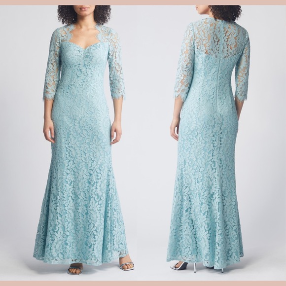 NEW $278 Eliza J [ PLUS 14W ]3/4-Sleeve‎ Floral Lace Trumpet Gown Sage #S2055